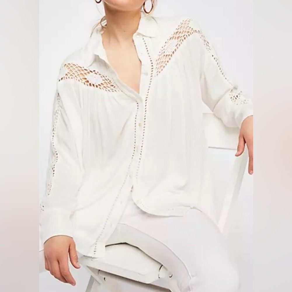 Free People Cream Button Down Shirt with Crochet Details